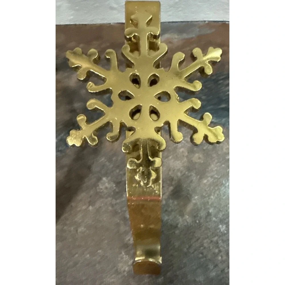 Brass Snowflake Christmas Stocking Holders Mantel Hooks Set of 2 Gold Tone